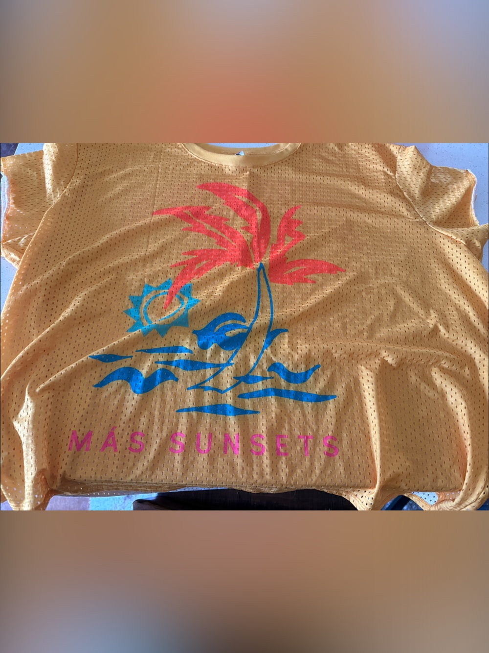 Zumba Fitness Yellow Mesh Tee with Pink & Blue Tropical Print